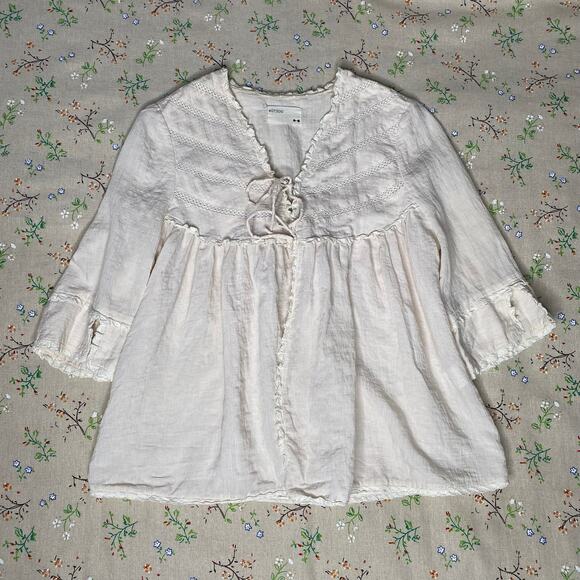 Rutzou Lace Tie Front Blouse Cream Beige Medium Cardigan Ruffle Dainty Cottage - Picture 1 of 8